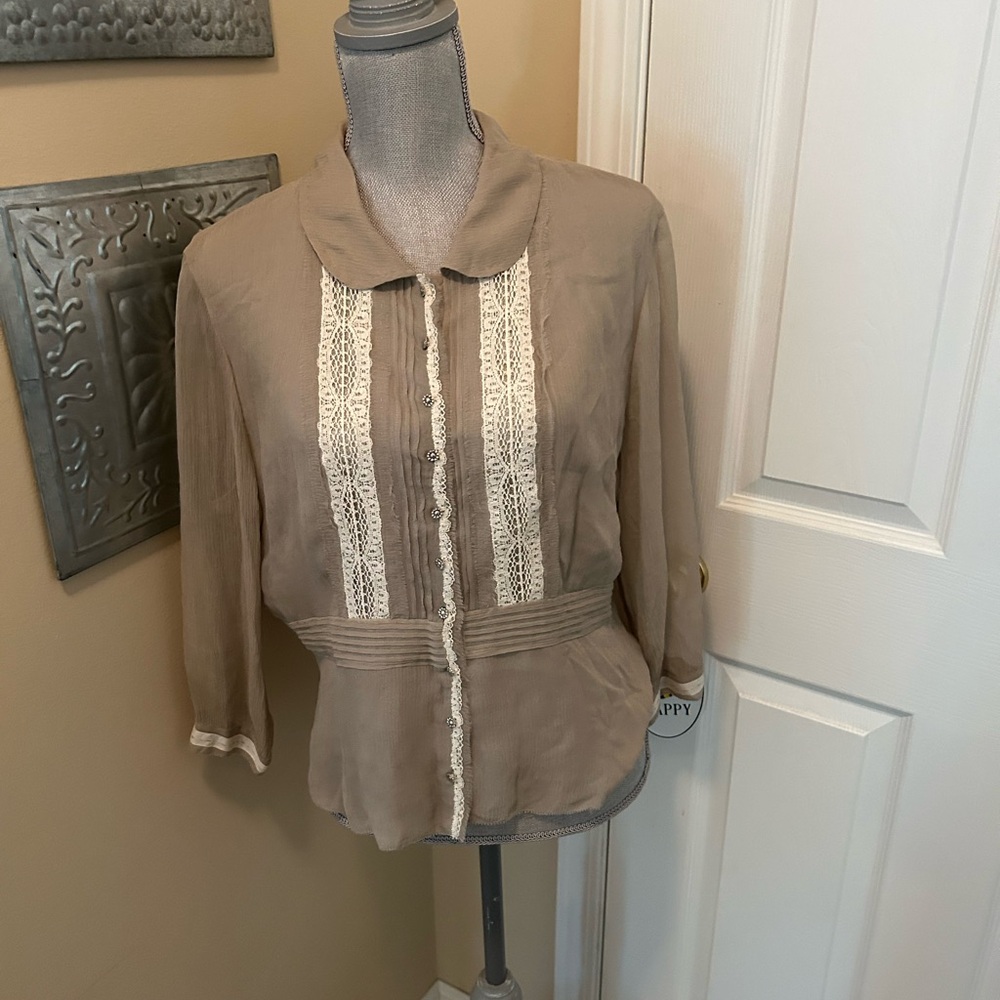 Women's Beige Lace Trim Blouse